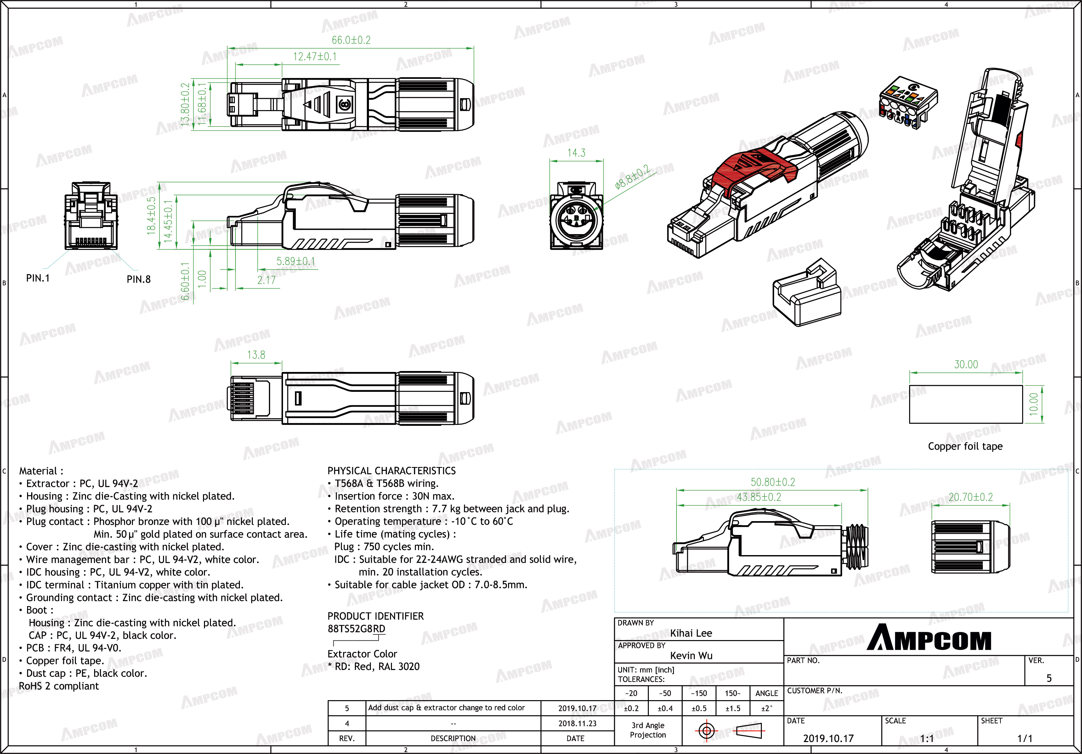 AMPCOM CAT8 RJ45 Connector, RJ45โลหะเครื่องมือฟรี Easy การสิ้นสุด ...