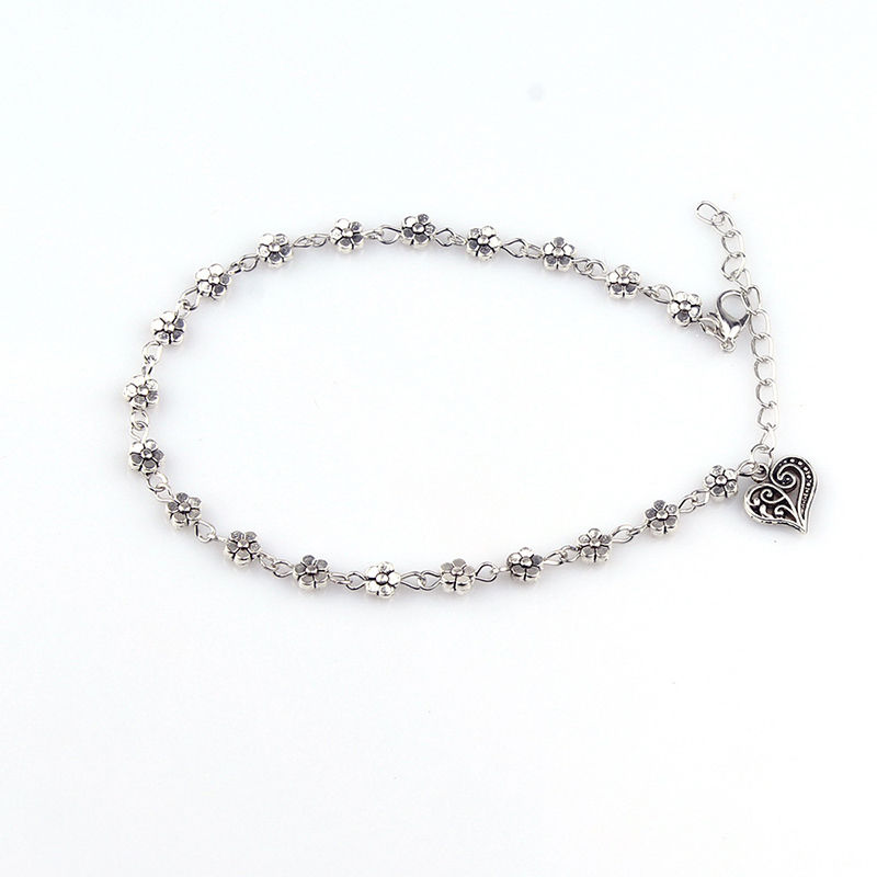 【Must-have】 Hot Floral Foot Jewelry Accessories Girl Gift Anklets Silver Bead Chain Ankle Heart.