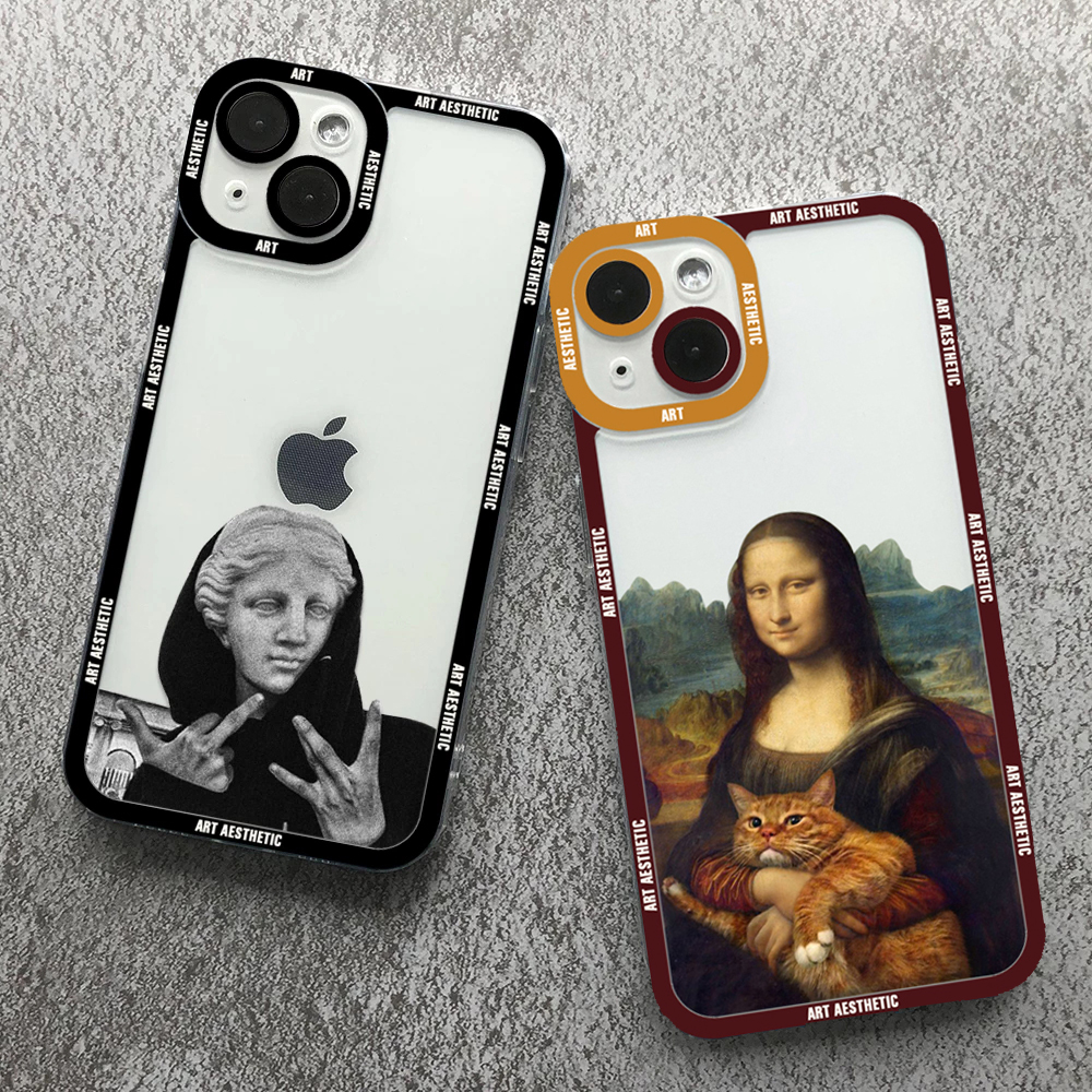 TAHANgTA New style  New style Great Art Aesthetic David Mona Lisa Clear Phone Case For iPhone 15 14 13 12 11 Pro Max Mini XS X XR SE 2020 7 8 Plus Soft Cover. 