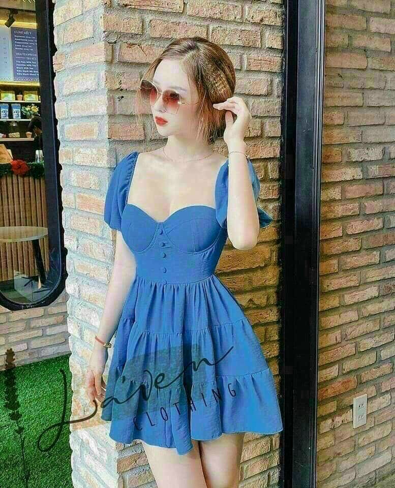 Đầm xòe tay phồng nhún tầng có mút ngực xinh xắn