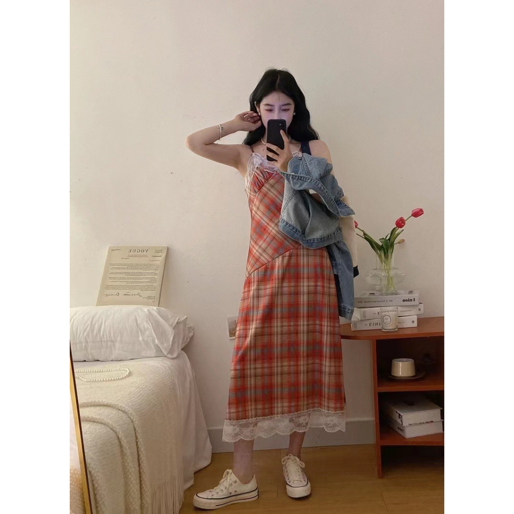 Đầm hai dây caro đỏ cực slayyy