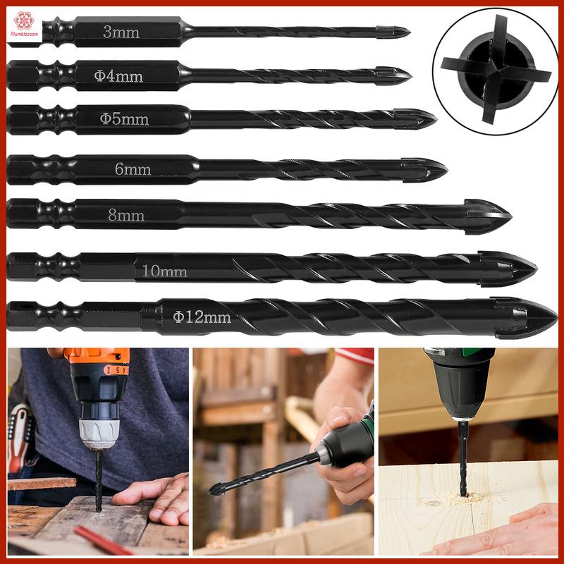Universal Masonry Drill Bit Set 7Pcs Concrete Drill Bit Set Steel Masonry Drill Bit Set Cross Head 4-Edge Tile Drill Bit for Ceramic Steel Concrete Drill Bit Set