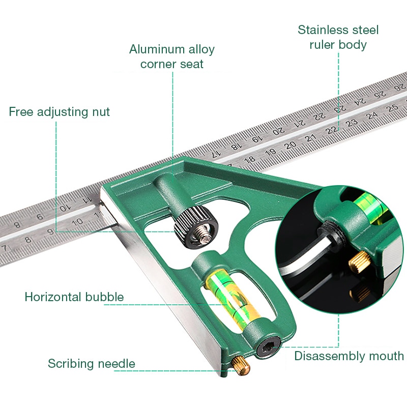 INGBONT 12''Adjustable Protractor Angle Ruler Combination Square Ruler Stainless Steel Bubble Level 300MM Carpenter Measure Tool