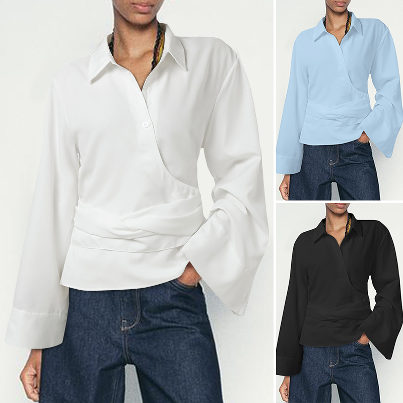 VONDA%20Womens%20Leisure%20Commute%20Lapel%20Bell%20Long%20Sleeve%20Shirts%20Slanted%20Placket%20Solid%20Blouses%20(Korean%20Causal)%20-%20Image%204