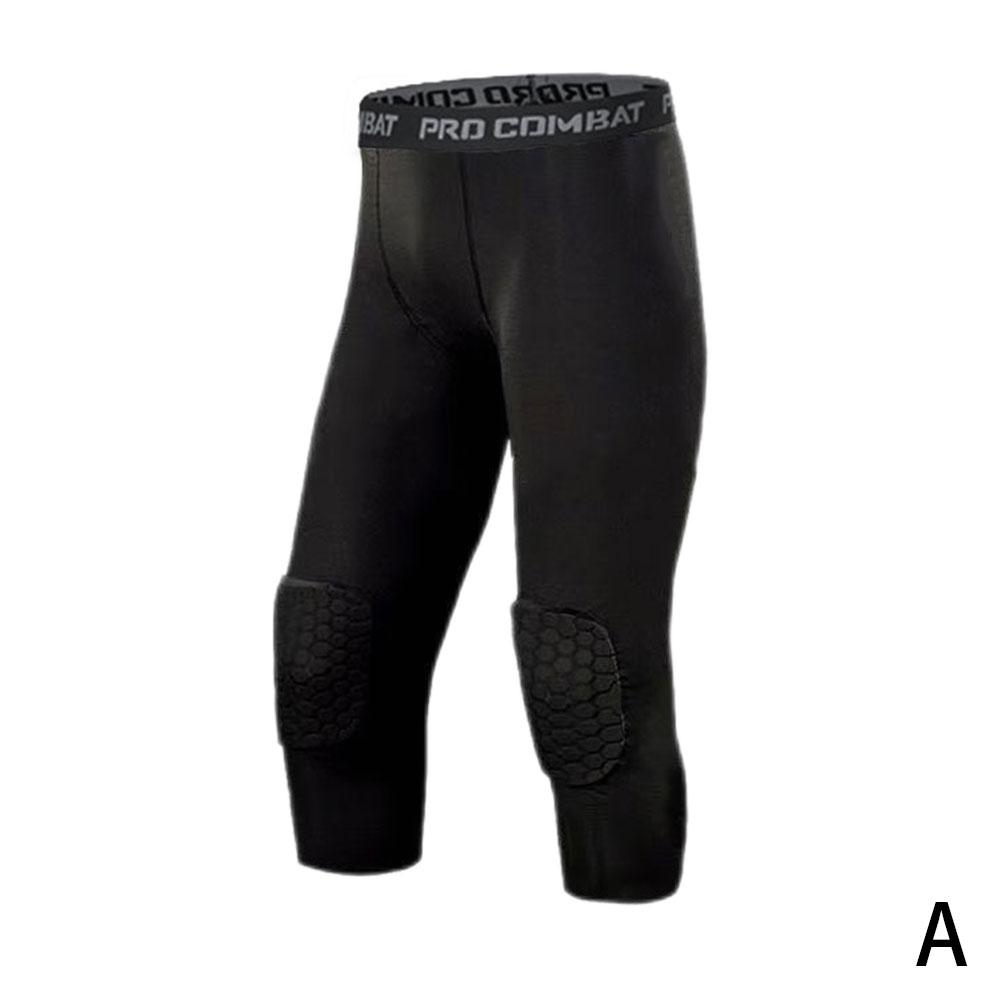 Men's Safety Anti-Collision Pants Basketball Training 3/4 Tights Leggings  With Knee Pads Protector Sports Compression Trousers