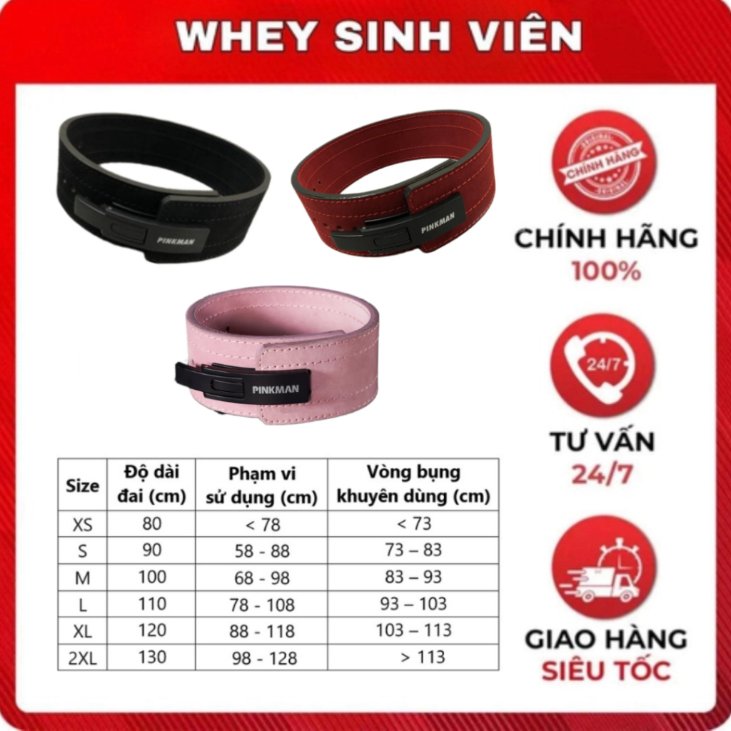 Đai da cứng pinkman flex - giúp tập gym , power lifting , squat, dead lift chính hãng 100% đai lever pinkman