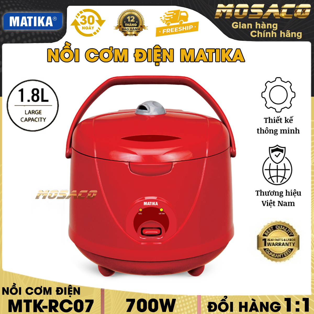 Electric rice cooker Matika mtk-rc07-đỏ capacity 1.8L capacity 700W. Electric rice cooker multi-modern design, just press, cap escape Smart Steam, bowel pot thickening mellowed coated with anti-adhesive high-grade durable, ensure safety-mosaco
