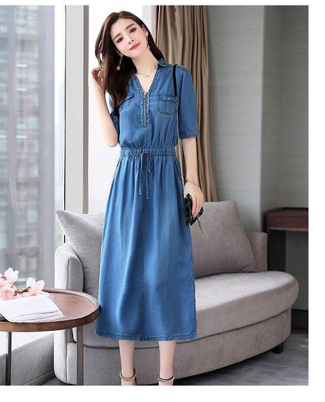 [HCM]ĐẦM JEAN CỔ SƠ MI 2 TÚI