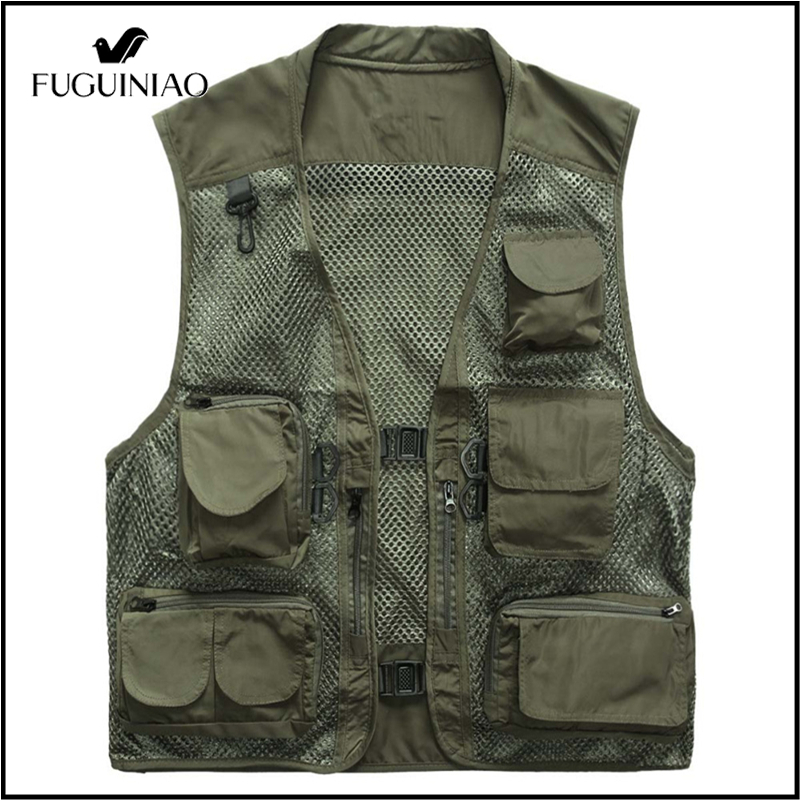 FUGUINIAO Plus Size Multi Pockets Vest Men Summer Mesh Breathable Photography Waistcoat Reporter Director Casual Vest Work Uniform
