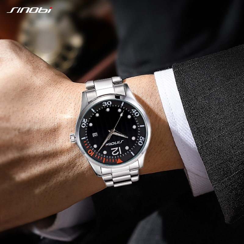 SINOBI Fashion Silver Men’s Watches Stainleess Steel Male Quartz Clock Best Gift
