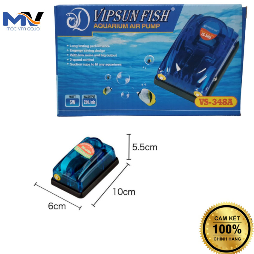[ Tặng 2 dây sủi - 2 quả sủi ] Máy sủi oxy hồ cá 2 vòi Vipsun siêu êm, nhỏ gọn