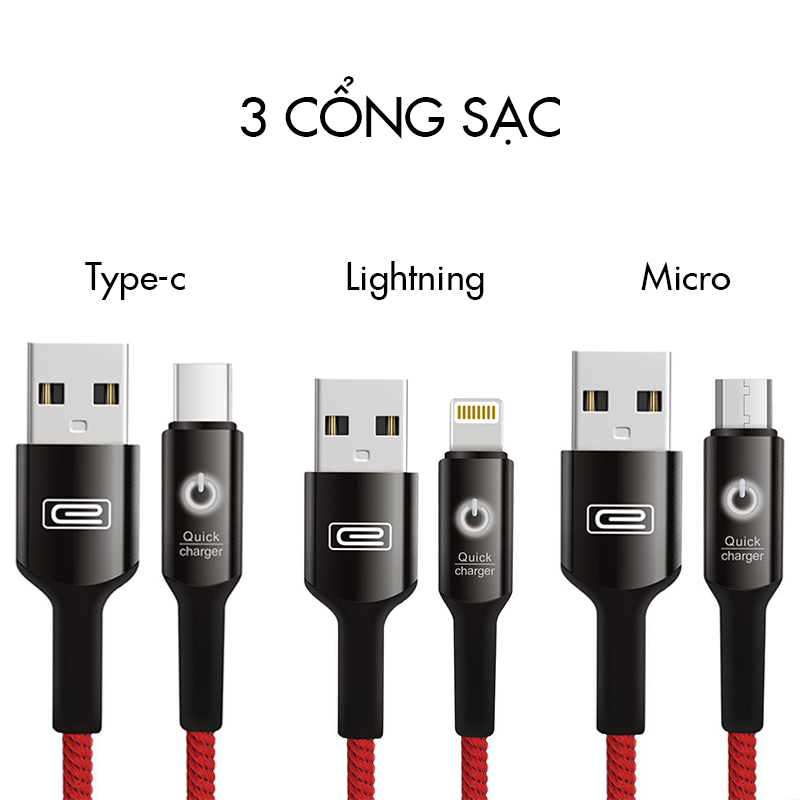Cáp sạc iphone tự ngắt EARLDOM EC-063i, cáp sạc nhanh 2.4A cổng Micro Lightning Type-C