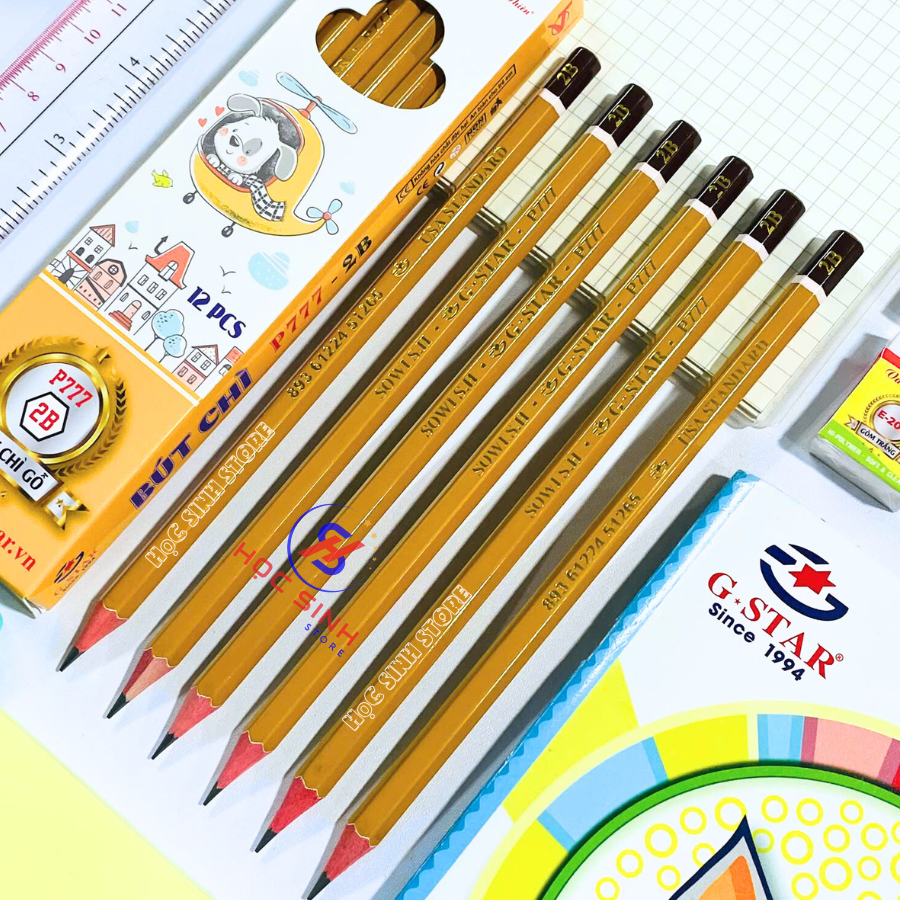 Hộp 12 Cây Bút Chì Gỗ Gstar P777 (2B-6B) - Màu Chì Đậm, Dễ Chuốt, Chuốt Không Gãy - VPP Happy Kids
