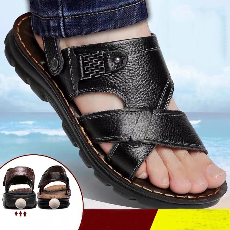 Sandal quai chéo nam da bò đế khâu, dép quai hậu phong cách