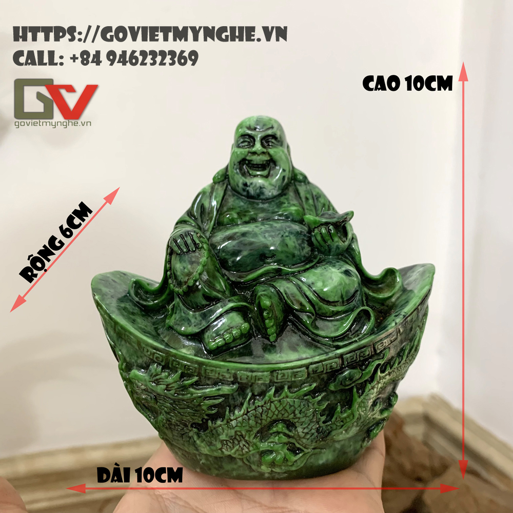 Tượng đá trang trí tượng Phật Di Lặc ngồi trên thỏi vàng chạm khắc hình Long & Phụng - Cao 10cm - màu nhũ đồng
