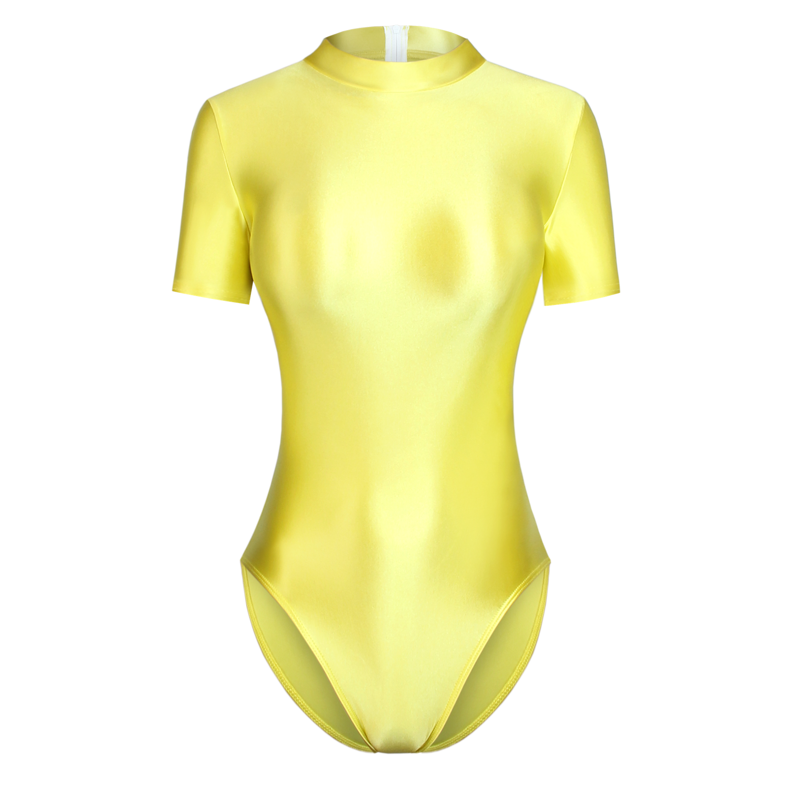 MJINM Satin Glossy Tights Oil Slip Smooth Back Zipper Short Sleeve Swimsuit  Yoga Sportswear Silky BODYSUIT Swimwear