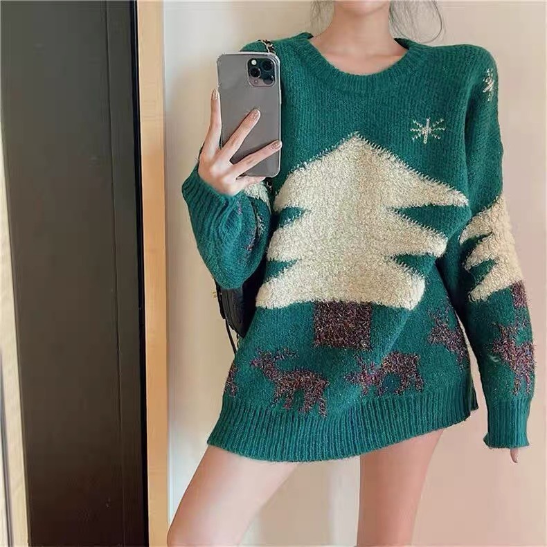 MS1304 Áo len Noel nữ oversize, áo len Giáng sinh cây thông