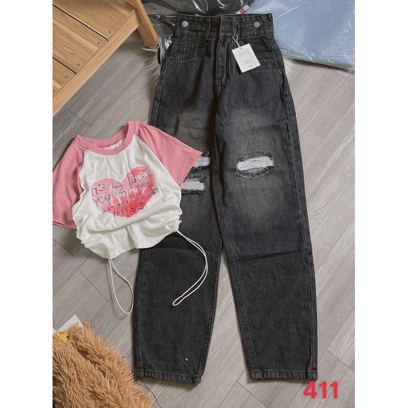Set Baggy Jeans Đai Nút Xám Rách + croptop raplan rút dây