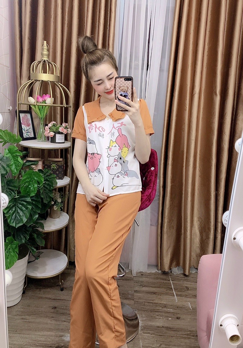 Đồ bộ pijama tay ngắn quần dài vải kate lụa họa tiết gấu dễ thương , set bijama tay ngắn quần dài cột nơ mềm mại freesize dưới 58kg