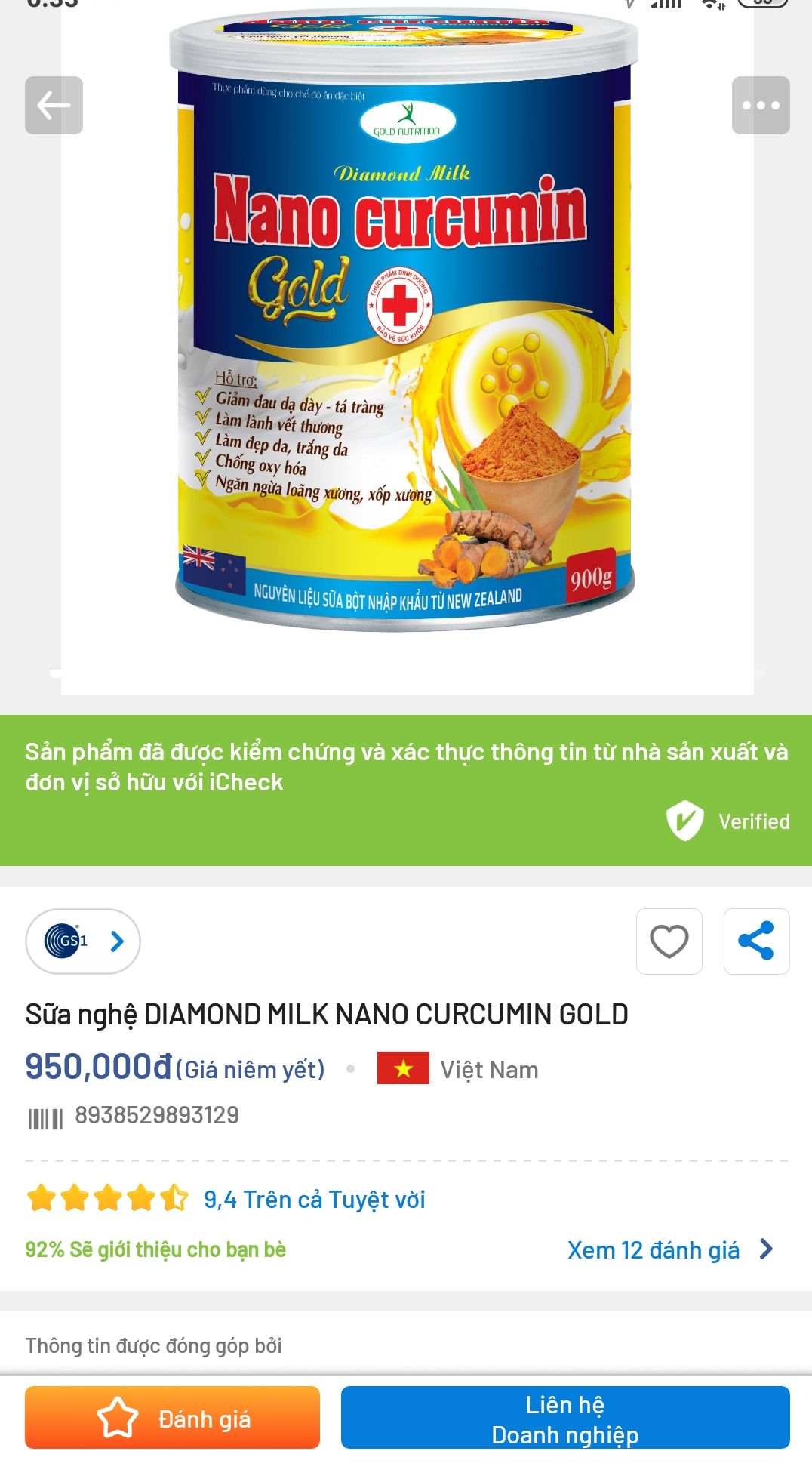 (Combo 5hộp 900g, HSD 2027) Sữa nghệ Nano Curcumin Gold.