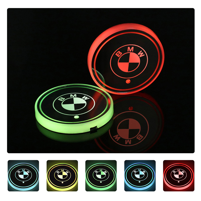 2 Pcs for BMW LED Cup Holder Lights,FBA Fast Delivery USB Charging Pads Luminous Coaster Indoor Atmosphere Lights Decorative Lights Car Logo Coaster Lights with Multiple Colors 