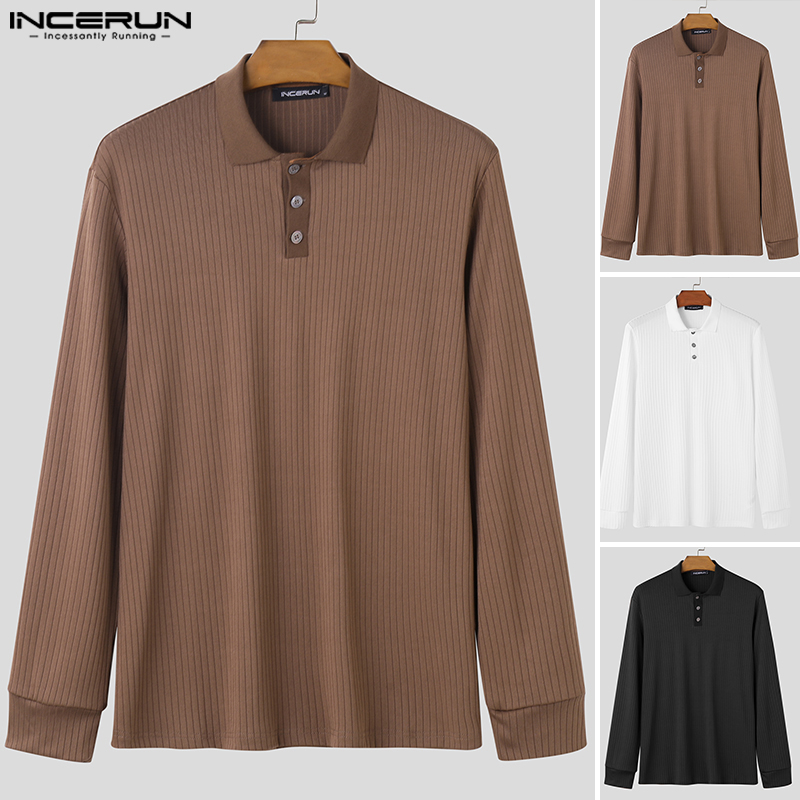 INCERUN Mens Long Sleeve Formal Casual Lapel Tops Leotard Plain Knitted Sweater Button Up Pullover (Korean Style)