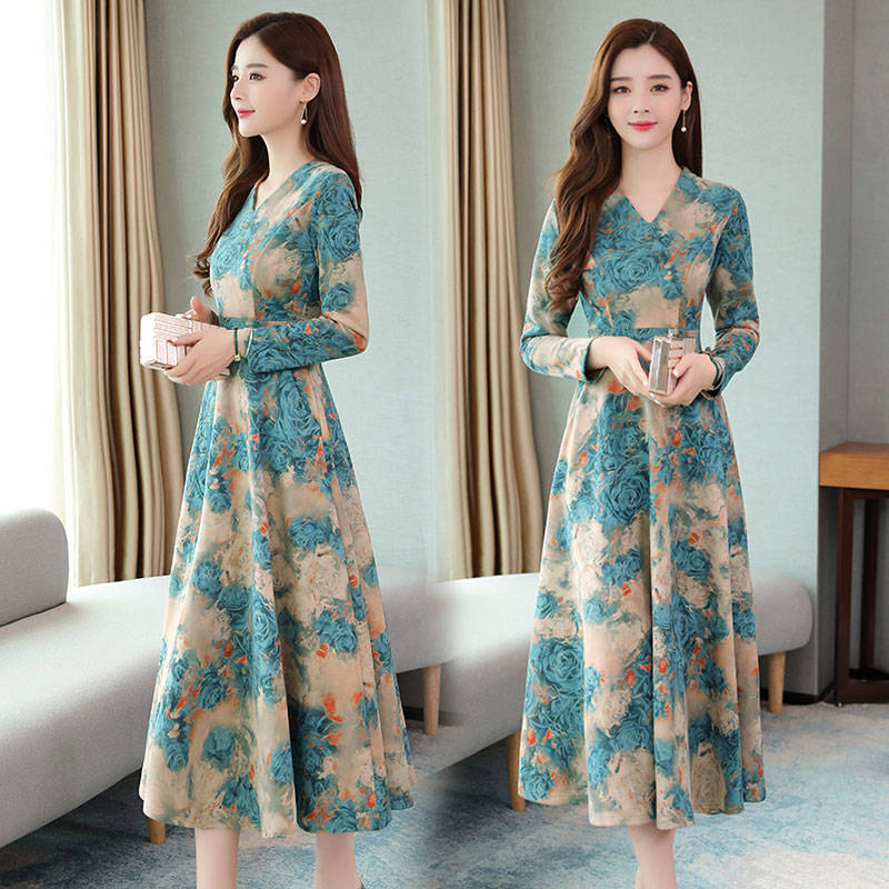 Women Long Sleeve Loose Casual Long Dress Fashion Floral Printing V Neck  A-line Dresses Plus Size