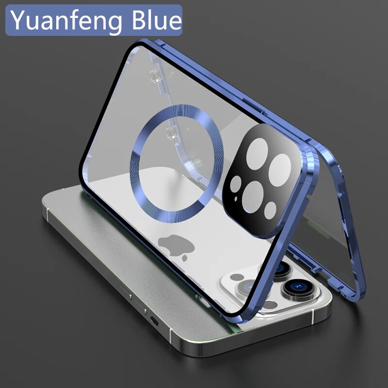 Dual lock lens protection for iPhone 15 14 13 Pro Max glass plus PC backpanel double sided magnetic wireless charging phone case. 