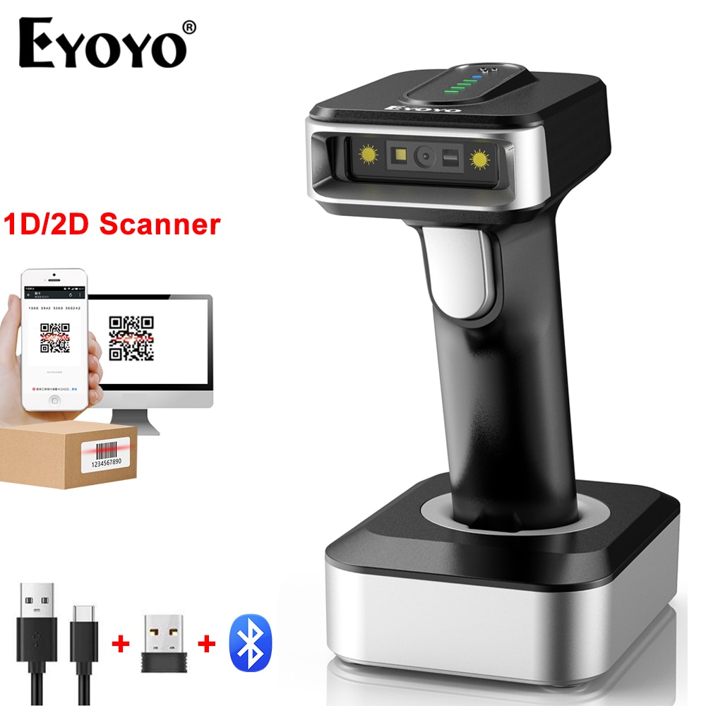 Eyoyo Auto-Sensing Screen Scanning 1D Bluetooth Barcode Scanner With 2500Mah Power Indicator Wireless 2D QR Code Reader 4-Mil