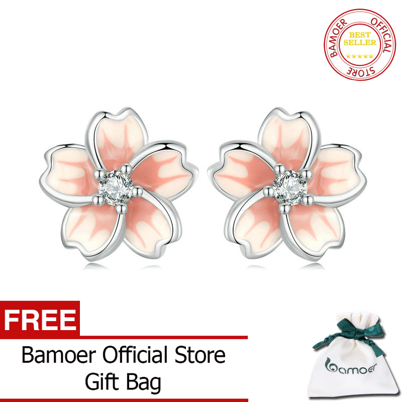 BAMOER Pink Enamel Cherry Blossom Earrings 925 Sterling Silver CZ Flower Stud Earrings Platinum Plated for Women Girls SCE1673