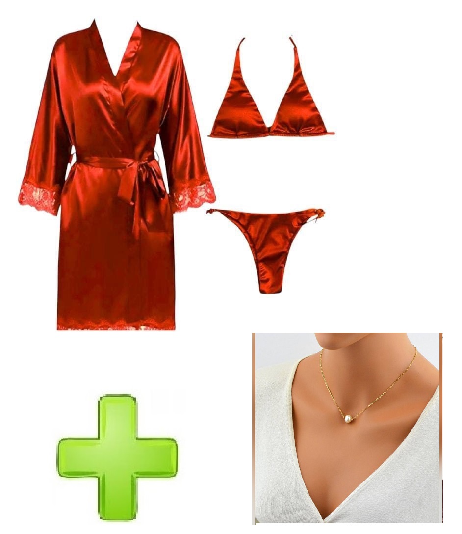 Women 3 Piece Sexy Nighty Sleepwear Silk Satin night dress Lingerie Set With Robe and Short Gown Bridal for Ladies and Girls for Night Wear Bra-Red with Necklace