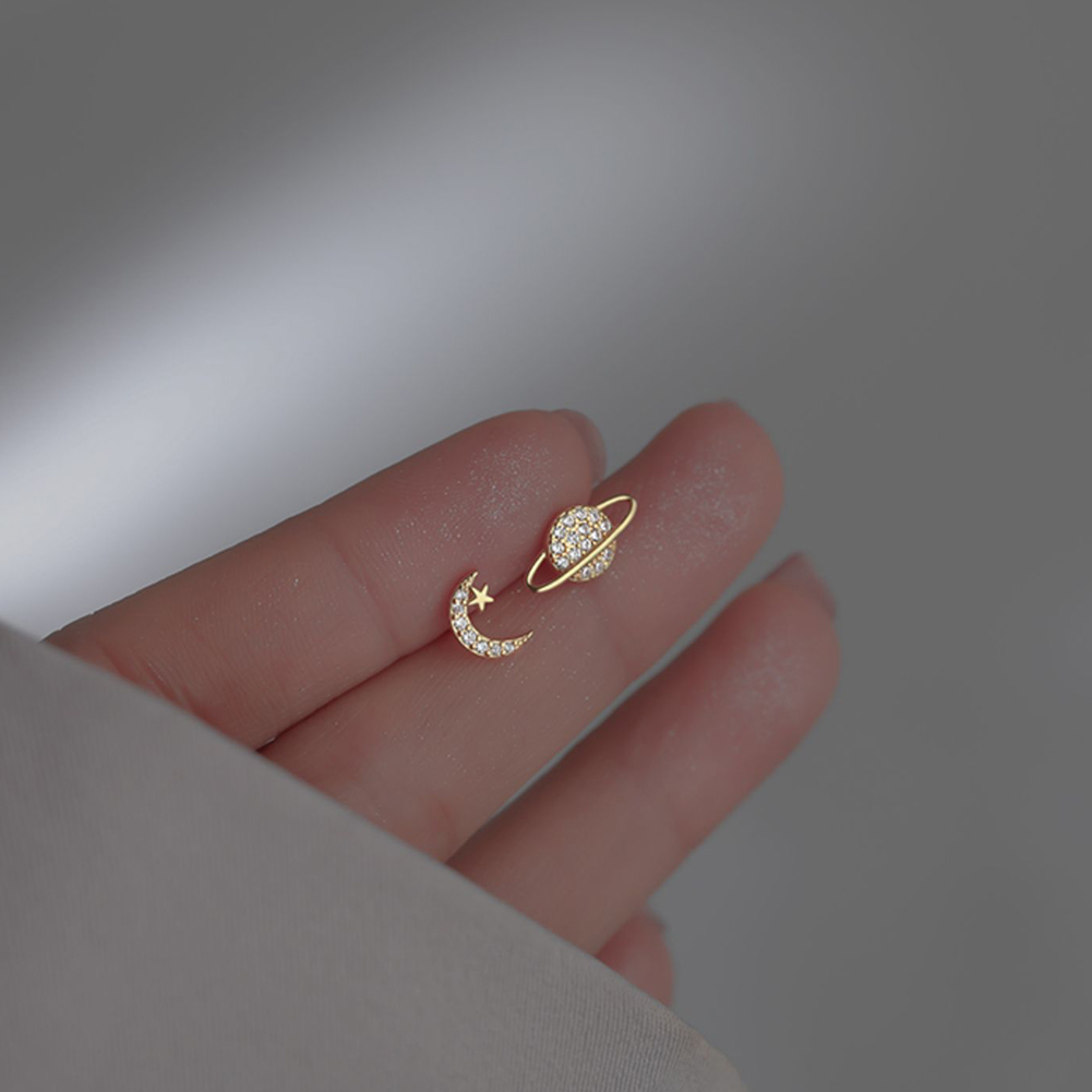 LM Asymmetric Moon Planet Zircon Earrings Temperamental Personalized Alloy Earrings Ear Studs Exquisite Ear Jewelry