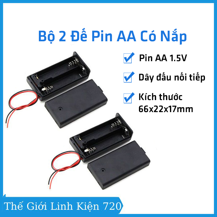 Bộ 2 đế pin aa có nắp 2 cell, khay đựng pin 1.5v đấu nối tiếp
