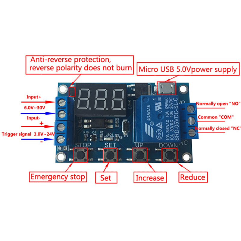 Dc 6V-30V 1 kênh 5V Mô-đun Rơle độ trễ thời gian mô-đun Rơle kích hoạt Off/On chuyển đổi thời gian chu kỳ 999 phút cho Arduino bảng Rơle