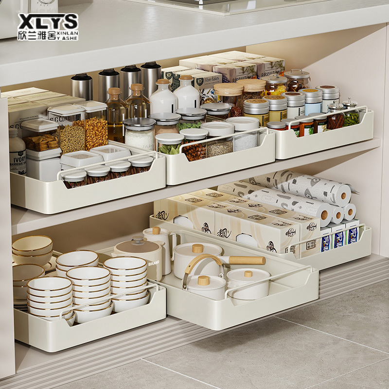 Drawer storage box shelf Non-punching Kitchen drawing type water channel Pull basket cupboard Kitchen storage basket Tableware storage cabinet