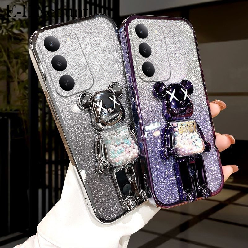 New Phone case Realme C71 C75 C75X Back cover with Cartoon 3D Bear Stand Luxury Slim Gradient Plating Glitter Girls Stylish For Realme C75 C75X C71 case.