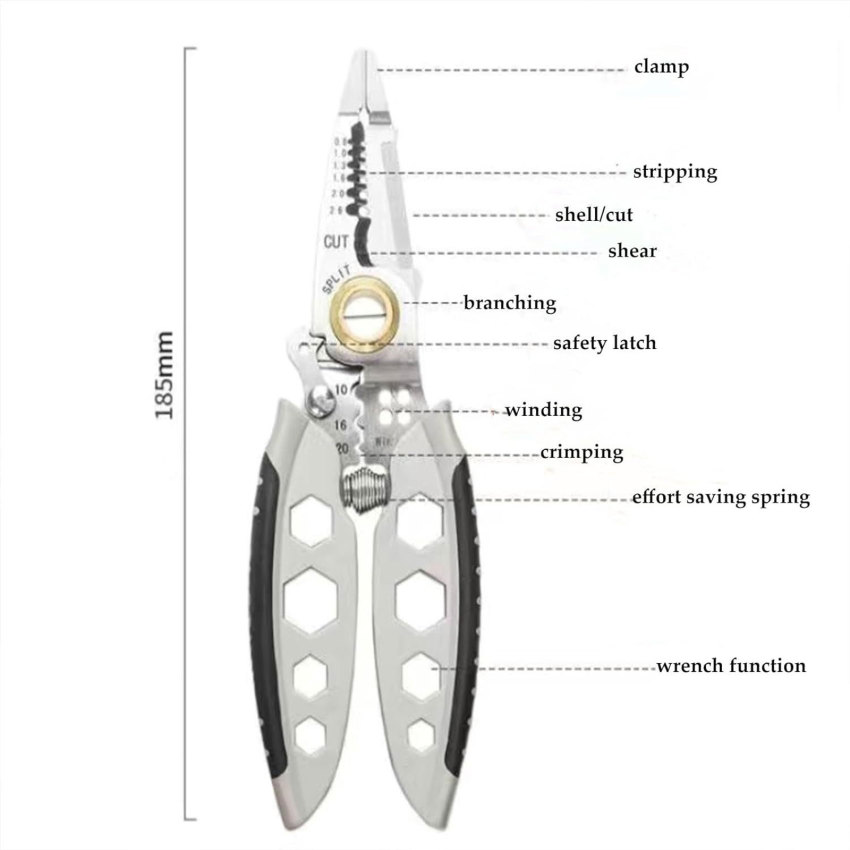 Kìm tuốt dây điện đa năng 7 inch, công cụ đặc biệt thợ điện để cắt dây cáp, kéo, ép, vặn ốc