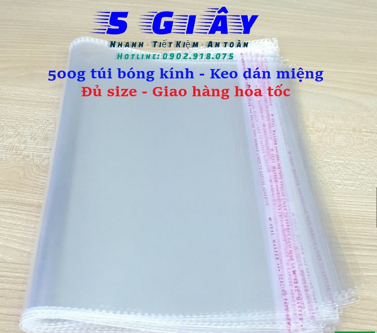 0,5 Kg Túi Nilon Keo Dán Miệng OPP Trong Suốt, Bọc Kiếng, Đóng Gói, Đựng Phụ Kiện, Quần Áo – 5 Giây