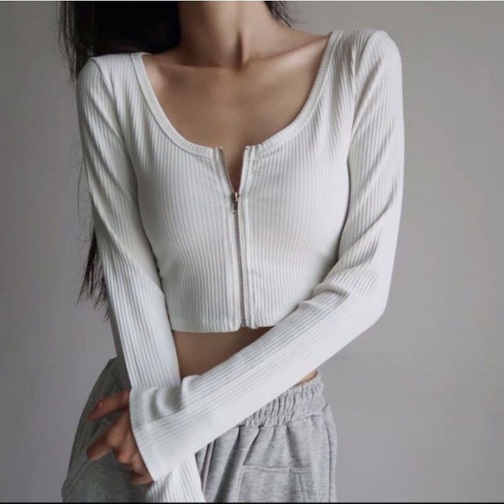 Áo Croptop Tay Dài Dây Kéo Ngực Ulzzang ORM04
