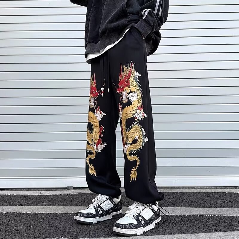 EERSHENSHI Loose straight casual ssangyong printed trousers for men in the Year of the Dragon and natal year trousers for men with design hip-hop wide-leg trousers