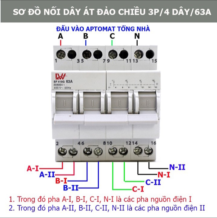 Cầu dao đảo chiều 2 nguồn điện 3 pha 4P 63A,100A/380V