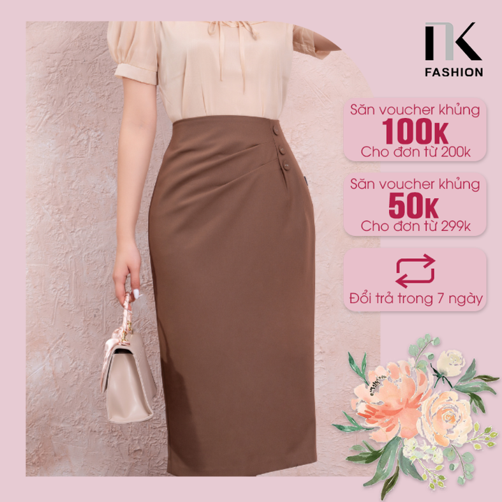 Chân váy bút chì công sở nk fashion thiết kế 3 cúc dáng dài sang trọng, chất liệu vải co giãn và mềm mịn nkcv2201006