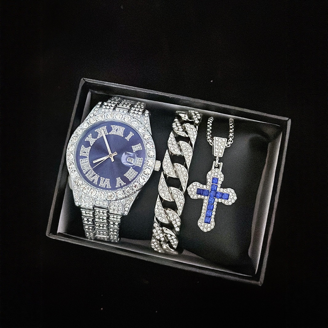 【Exclusive Offer】New Cross-Border Water Ghost Diamond-Embedded Men's Watch with Roman Scale and Calendar - Gold Watch Set.