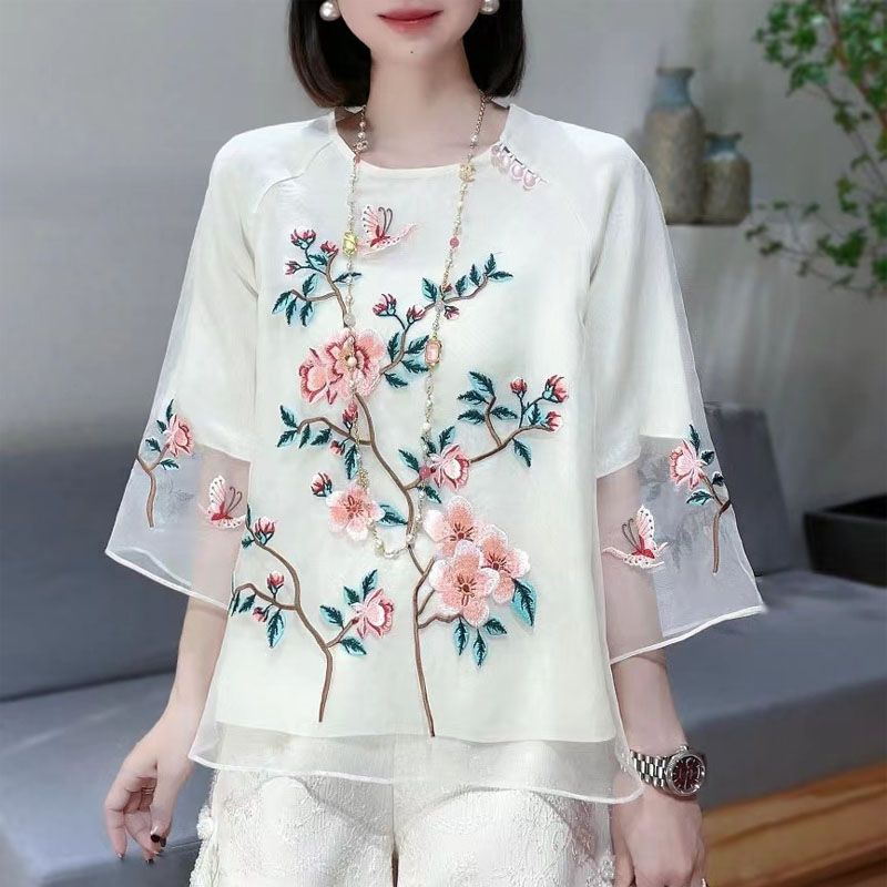 Jodie Chinese Atylw Traditional Flower Embroidery Hanfu Blouse Women Round Neck Chiffon Top Tangsuits Blouse Elegant Daily Blouse