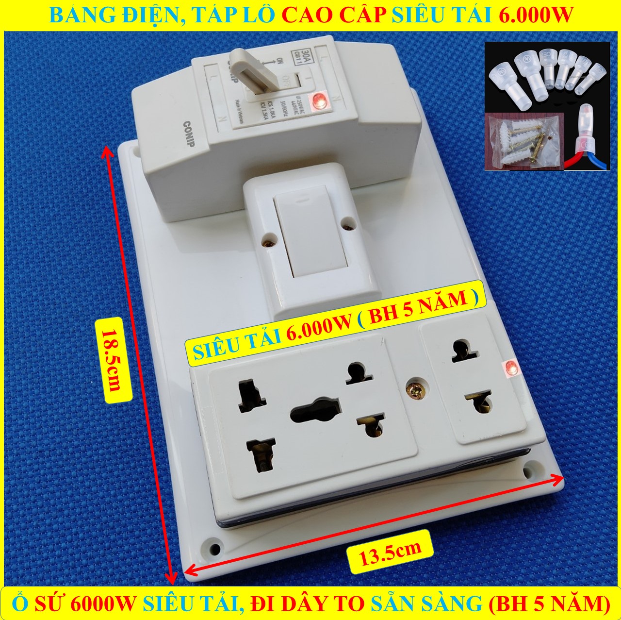Bảng điện TỔNG 6000W SIÊU CHỊU TẢI (BH 5 NĂM) + 1 Công tắc + 1 Ổ cắm SỨ SIÊU TẢI 6000W CÓ lò xo chống giãn + ĐÃ ĐI DÂY TO sẵn sàng + Bộ vít lắp đặt (bộ 1 sp)