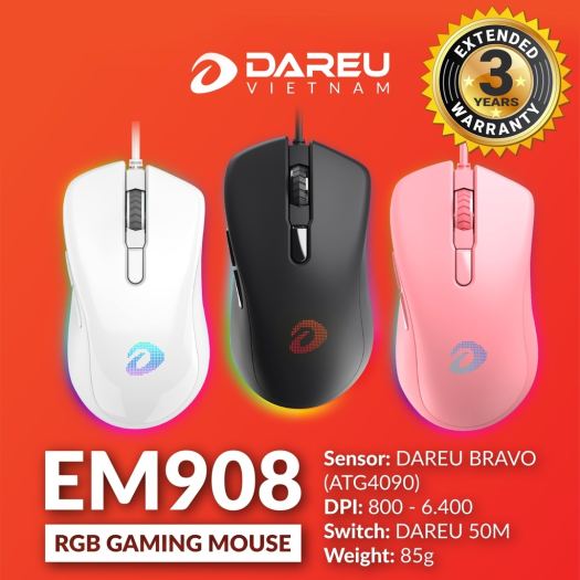 Chuột Gaming DareU EM908 LED RGB, BRAVO sensor - Hàng chính hãng BH 2 năm
