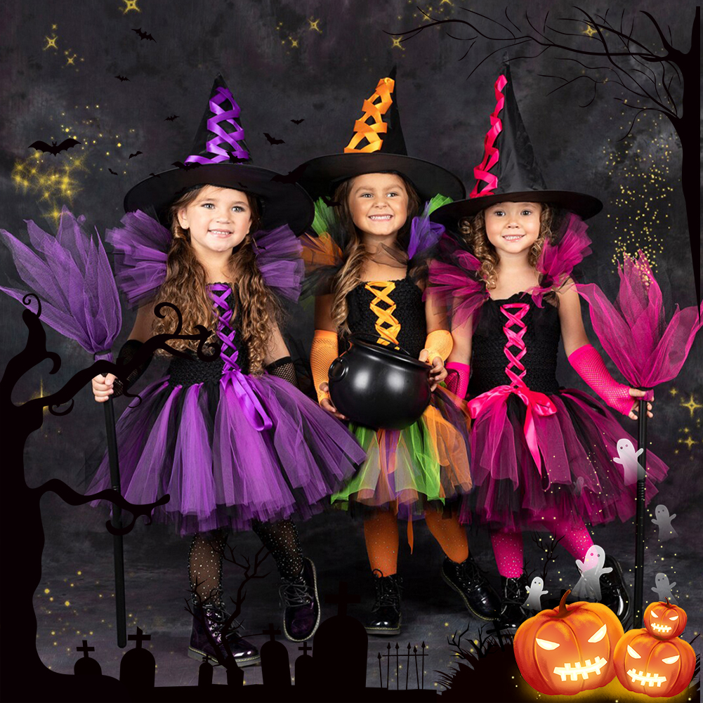 PAPITE[Ready stock] Girl's Witch Costume Halloween Kids Cosplay Dress with Pointed Hat Broom Witch Dress Up Clothes Children Outfits for 2-12 Years
