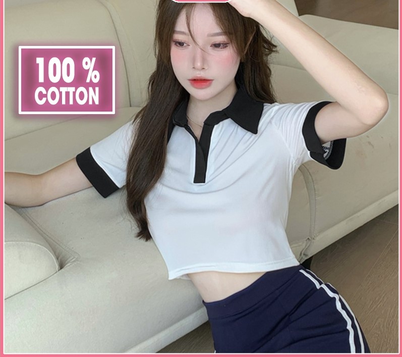 Áo croptop polo nữ đẹp OZENKA , áo crt cộc tay ôm body cải màu đen trắng thun gân 100% cotton free size dưới 50 kg