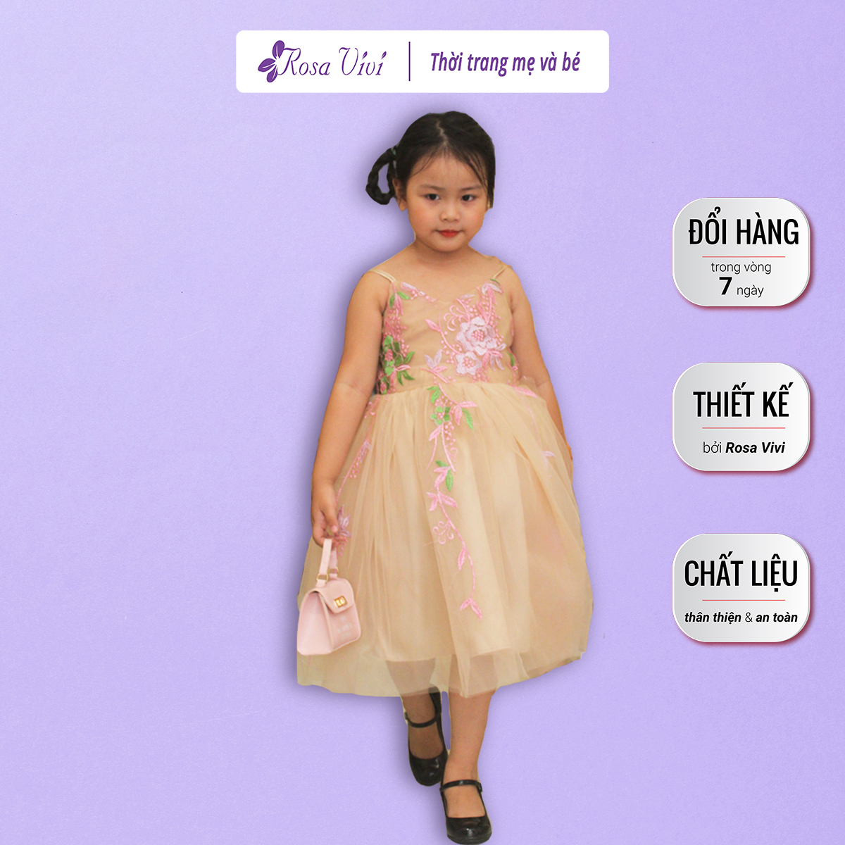 Đầm công chúa 2 dây đính hoa nơ lưng