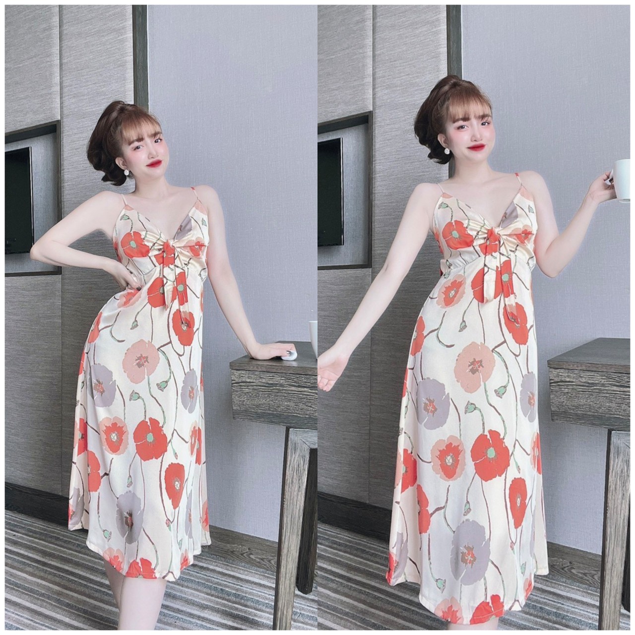 Đầm maxi 2 dây thắt nơ lụa latin mềm mát, váy maxi hè 2 dây